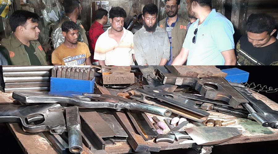 ২০২২ সালে যশোর শহরের রাঙামাটি গ্যারেজ এলাকার বিসমিল্লাহ ইঞ্জিনিয়ারিংয়ে অভিযান চালিয়ে উদ্ধার করা অস্ত্র ও সরঞ্জাম ¦ ফাইল ফটো