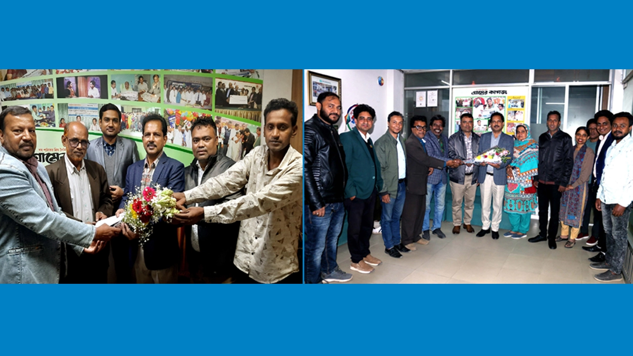 টিআইবির ‘দুর্নীতি বিষয়ক অনুসন্ধানী সাংবাদিকতা পুরস্কার অর্জন গ্রামের কাগজের সিনিয়র রিপোর্টার ফয়সল ইসলাম ও স্টাফ রিপোর্টার আশিকুর রহমান শিমুলকে ফুলেল শুভেচ্ছা জানায় গ্রামের কাগজ পরিবার ও জাগরণী চক্র ফাউন্ডেশন ¦ ছবি: গ্রামের কাগজ
