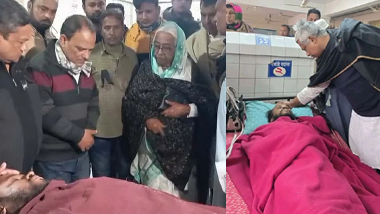 যশোরে আহত জুলাই যোদ্ধা এনামকে দেখতে হাসপাতালে নার্গিস বেগম ও অনিন্দ্য ইসলাম অমিত ¦ ছবি: গ্রামের কাগজ