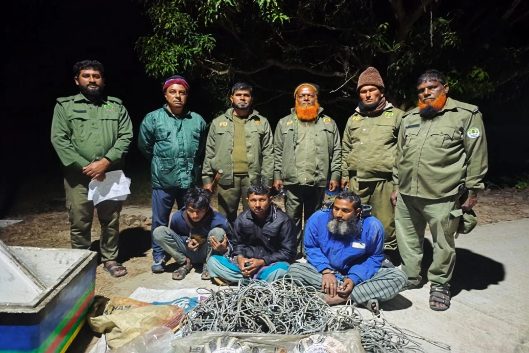 সুন্দরবনে শিকারের ফাঁদ ও ছুরিসহ তিন হরিণ শিকারি গ্রেফতার। ছবি: প্রতিনিধি