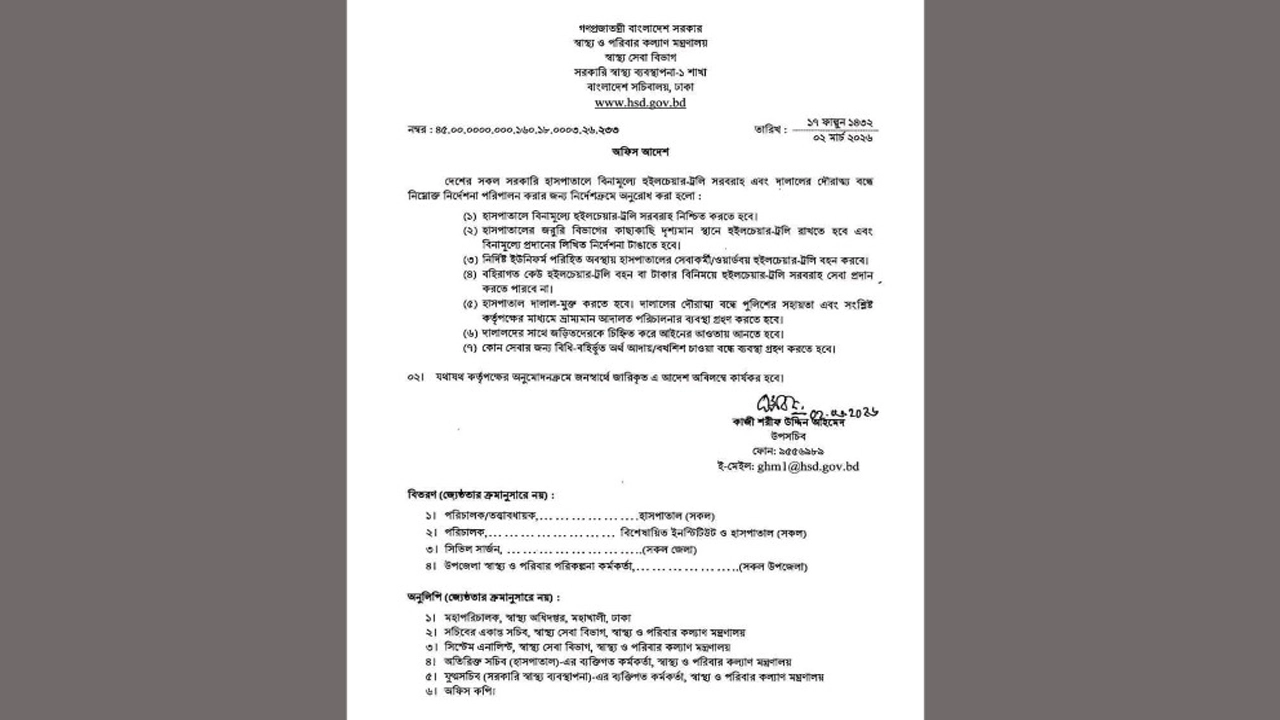 স্বাস্থ্য ও পরিবার কল্যাণ মন্ত্রণালয়ের স্বাস্থ্যসেবা বিভাগের আদেশ