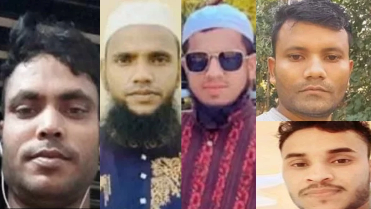 নিহত আব্দুল কাদির, মুস্তাক আহমেদ আফনান, জুবায়ের আহমেদ, জসিম উদ্দিন ও জিবাল আহমেদ। ছবি: সংগৃহীত